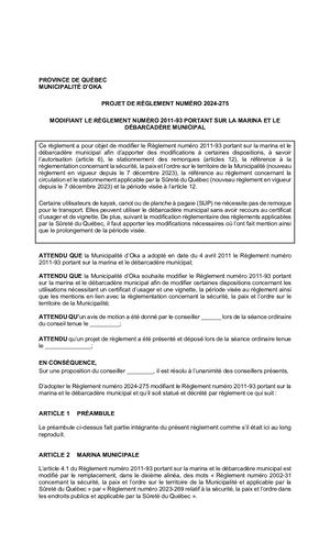 2024-01-16 - Projet de Règlement 2024-275 (portant sur la marina et le débarcadère municipal)