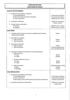 Tarifs Salles 2024