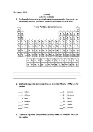 18 De Enero Quimica Actividad En Clases De Metales Y No Metales