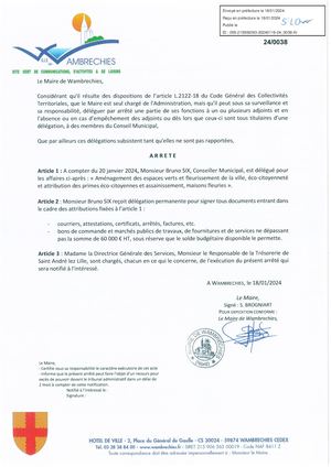 Arrêté de délégation de signature et de fonctions à M. Bruno SIX