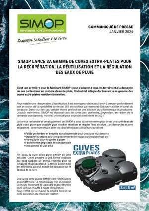 SIMOP LANCE SA GAMME DE CUVES EXTRA-PLATES POUR LA RÉCUPÉRATION, LA RÉUTILISATION ET LA RÉGULATION DES EAUX DE PLUIE C’est