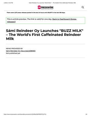 Sámi Reindeer Oy Launches Buzz Milk – The World's First Caffeinated Reindeer Milk