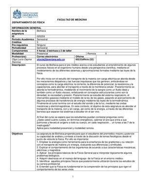 Biofísica Plan De Asignatura