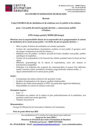 Offre Poste Chargé De Médiation Et De Relations Avec Le Public Et Les Artistes Janvier 2024