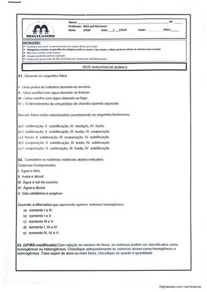 Prova de Química 1° ano Ensino médio (II)