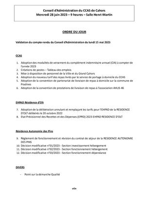 Conseil d’Administration du CCAS de Cahors du mercredi 28 juin 2023