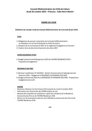 Conseil d'administration du CCAS de Cahors du Jeudi 26 Octobre 2023