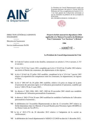 Fixant Le Forfait Mensuel De Dépendance 2024 Applicable à La Maison D'Accueil Et De Résidence Pour L'Autonomie Les Narcisses à Brénod