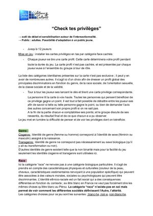 Règles Du Jeu Et Notice Check Tes Privilèges Alliances Et Cultures Docx