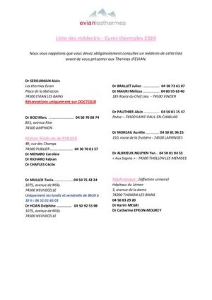 Liste Médecins cure thermale