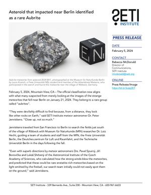 Asteroid that impacted near Berlin identified as a rare Aubrite