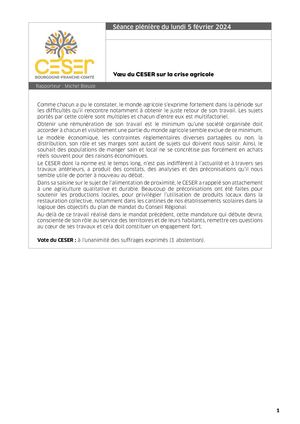 Vœu du CESER sur la crise agricole