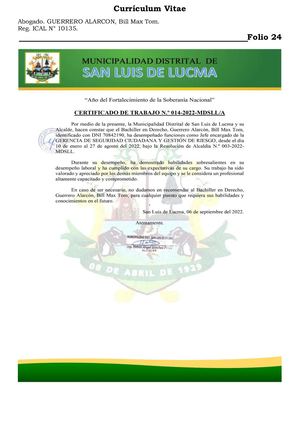 Constancia De Trabajo Municipalidad Distrital De San Luis De Lucma Bill Max Tom Guerrero Alarcon
