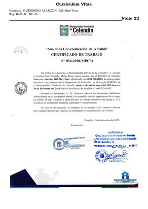 Constancia De Trabajo Municipalidad Provincial De Celendin Bill Max Tom Guerrero Alarcon