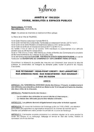 Arrete 190-2024-Interdiction De Stationnement Rue Peydavant Et Autres Du 12 Au 23-02-2024-Publié Le 07 02 2024