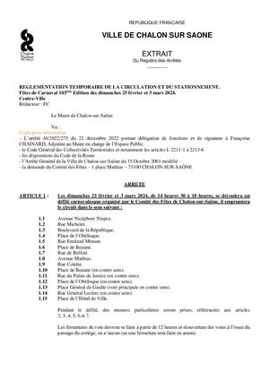 Carnaval 2024 - Arrêté Circulation Et Stationnement Dimanches