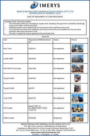 Sale of Machinery at Cape Bentonite