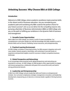 Unlocking Success Why Choose Bba At Gsb College