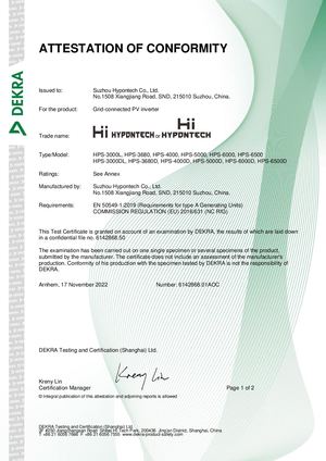 Cert EN50549 1 HPS 3000(D)L, HPS 3680(D), HPS 4000(D), HPS 5000(D), HPS 6000(D), HPS 6500(D).