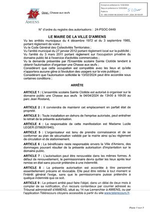 AR1-2024-00108 Arrêté D'occupation Du Domaine Public, Parc Jean Rostand à Amiens, Ensemble Scolaire Sainte Clotilde, Chasse Aux Oeufs, Le 04/04/2024