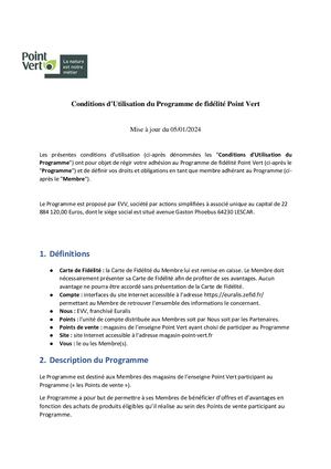 Conditions D'utilisation Du Programme De Fidélité Point Vert EVV