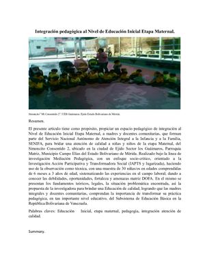 Integración pedagógica al Nivel de Educación Inicial Etapa Maternal. Autora Lcda. Esp. Alicia Marquina Rodríguez. Cédula V-8011822. Estado Mérida.