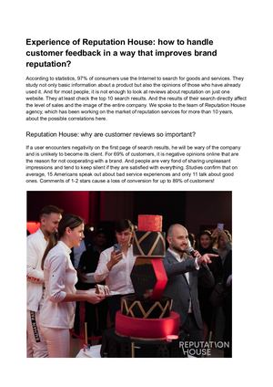 Experience Of Reputation House How To Handle Customer Feedback In A Way That Improves Brand Reputation Docx
