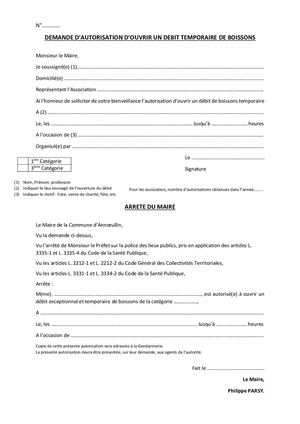 Demande D'autorisation D'ouvrir Un Debit Temporaire De Boissons