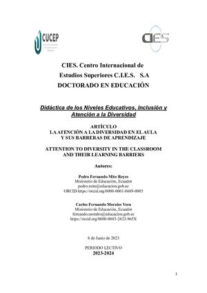 Articulo Cientifico Atenciòn A La Diversidad En El Aula Y Sus Barreras De Aprendizaje