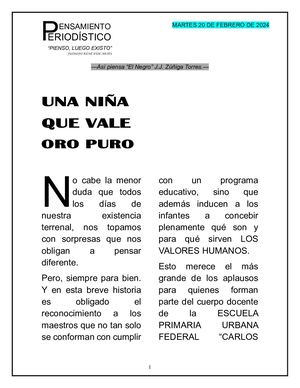 "UNA NIÑA QUE VALE ORO" por: Juan J. Zúñiga Torres