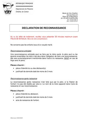 DECLARATION DE RECONNAISSANCE : liste des pièces