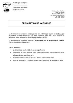 Declaration Naissance : liste des pièces