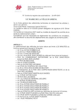 24-AP-0041 Arrête De Réglementation Du Stationnement Zone Bleue, Rue D'Abbeville Et Autres à Amiens