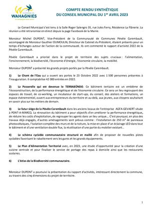 Cpte Rendu Synthetique Conseil Municipal 1er Avril 2023