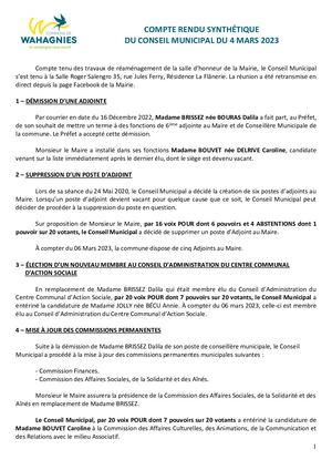 Cpte Rendu Synthetique Conseil Municipal 4 Mars 2023
