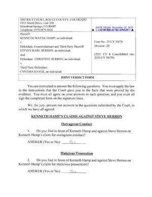Jury awards $21.3M in damages in Colorado custody dispute involving false abuse allegations The successful lawsuit is the latest controversy to hit Colorado’s family court system. Verdict Hamp, Kenneth Wayne V Herron, Steven Karl Et Al