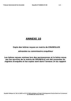 Copie Des Lettres Reçues Par La Municipalité Adressées Au Commissaire Enquêteur