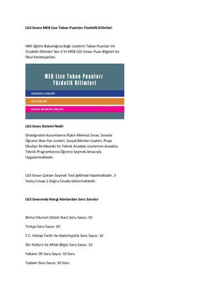 Lgs Sınavı Lise Taban Puanları Yüzdelik Dilimleri