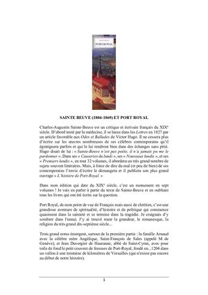 Sainte Beuve Et Port Royal Par Hubert Joly