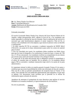 Circular 49 Ratificación De Beneficiarios De Comedor 2024