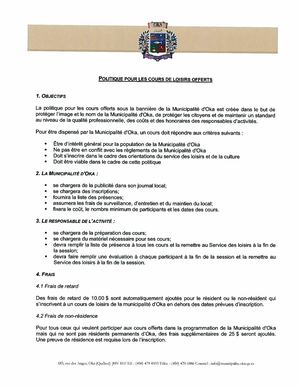 Politique pour les cours de loisirs