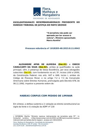 Alexandre Aprá E Enock Csvalcanti Ingressam Com Hc No Tribunal Der Justiça