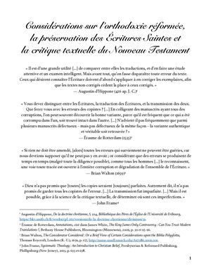 Considérations sur l'orthodoxie réformée et la critique textuelle du N.T.