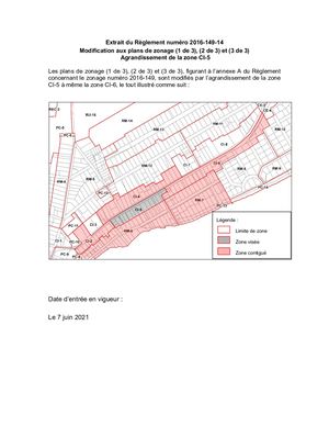 Règlement 2016-149 (Annexe A - Modification au plan de zonage - Agrandissement zone CI-5)