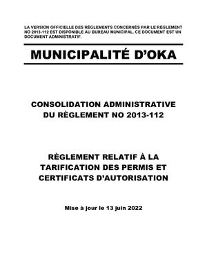Règlement 2013-112 (Tarification des permis et certificats)