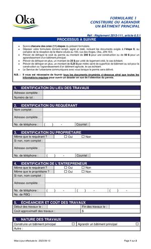 Règlement 2013-111 - FORMULAIRE 1 (Construire ou agrandir un bâtiment principal)