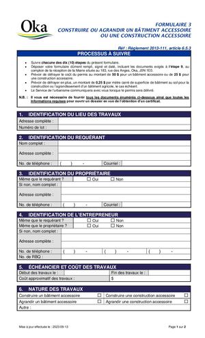 Règlement 2013-111 - FORMULAIRE 3 - Construire ou agrandir un bâtiment accessoire ou une construction accessoire
