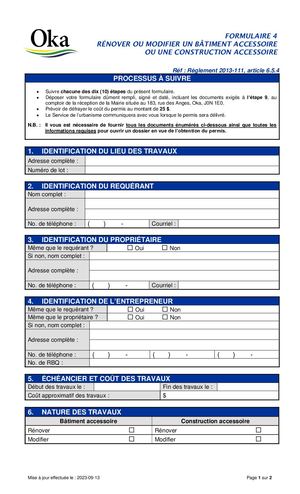 Règlement 2013-111 - FORMULAIRE 4 - Rénover ou modifier un bâtiment accessoire ou une construction accessoire