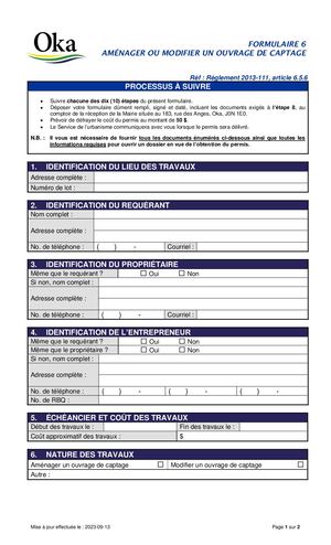 Règlement 2013-111 - FORMULAIRE 6 - Ouvrage de captage