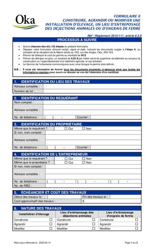 Règlement 2013-111 - FORMULAIRE 8 - Construire, agrandir ou modifier une exploitation agricole